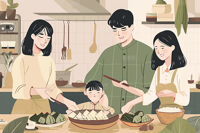 端午包粽子幸福手绘插画