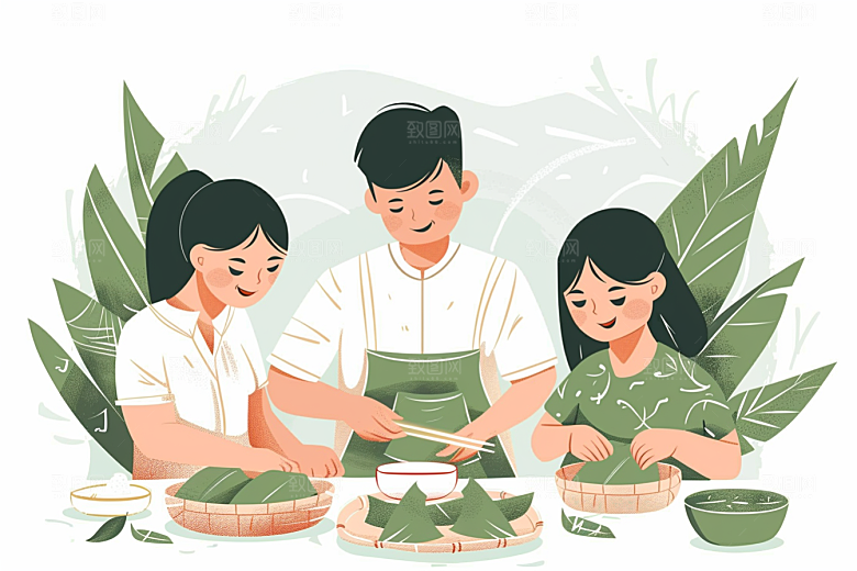 端午包粽子糯米小吃插画