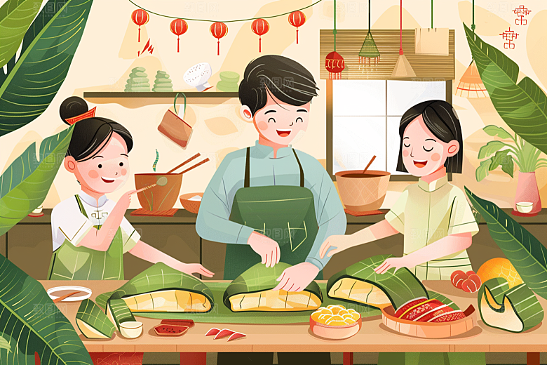 端午包粽子节日氛围阖家团聚插画