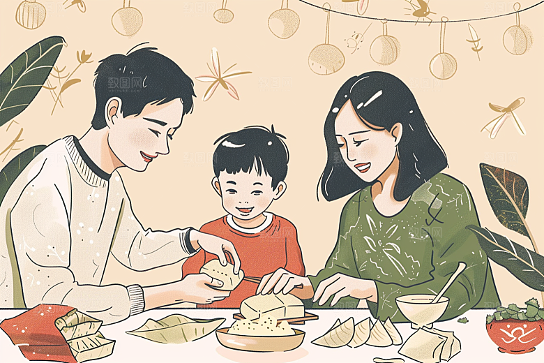 端午包粽子阖家团聚糯米插画