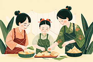 端午包粽子幸福节日插画