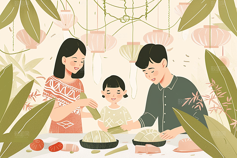 端午包粽子温馨阖家团聚插画