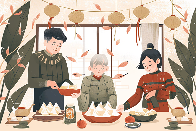 端午包粽子糯米习俗插画