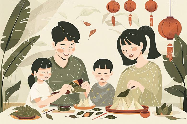 端午包粽子阖家团聚高清插画