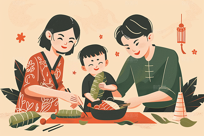 端午包粽子高清习俗插画