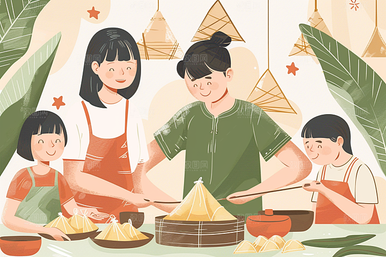 端午包粽子节日氛围高清插画