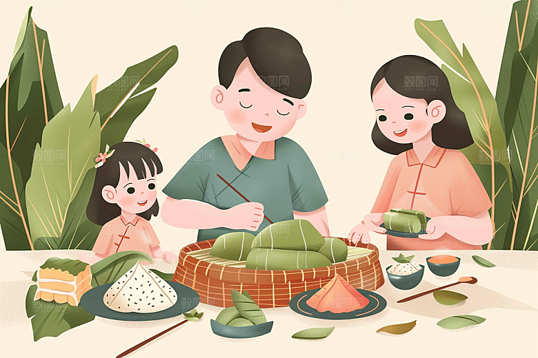 端午包粽子美食节日氛围插画