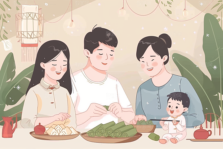 端午包粽子糯米阖家团聚插画