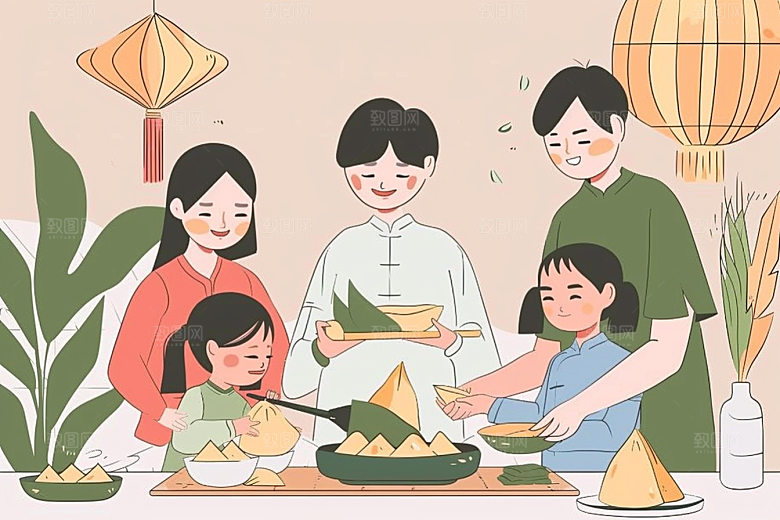 端午包粽子粽叶小吃插画
