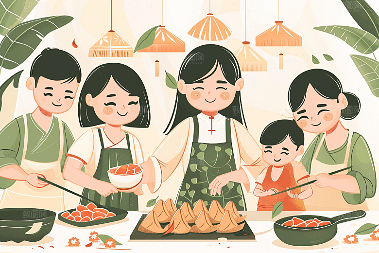 端午包粽子阖家团聚温馨插画
