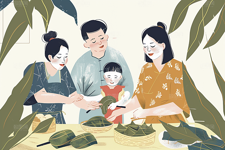 端午包粽子习俗美食插画