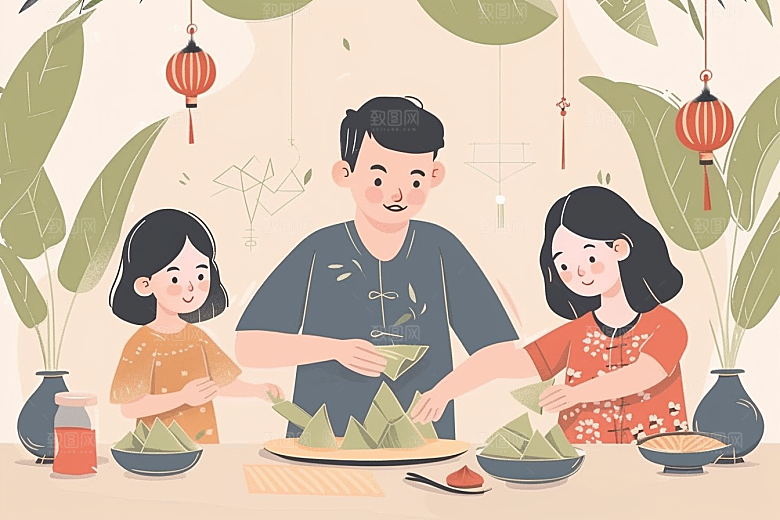 端午包粽子糯米节日氛围插画