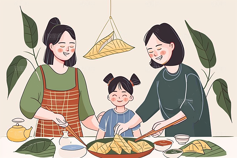 端午包粽子美味粽叶插画