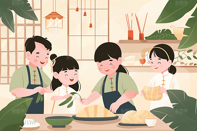 端午包粽子节日氛围小吃插画