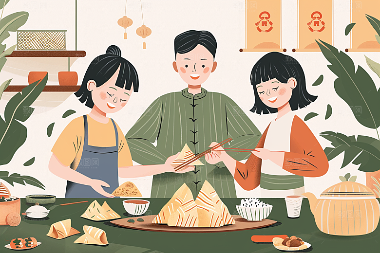 端午包粽子高清习俗插画