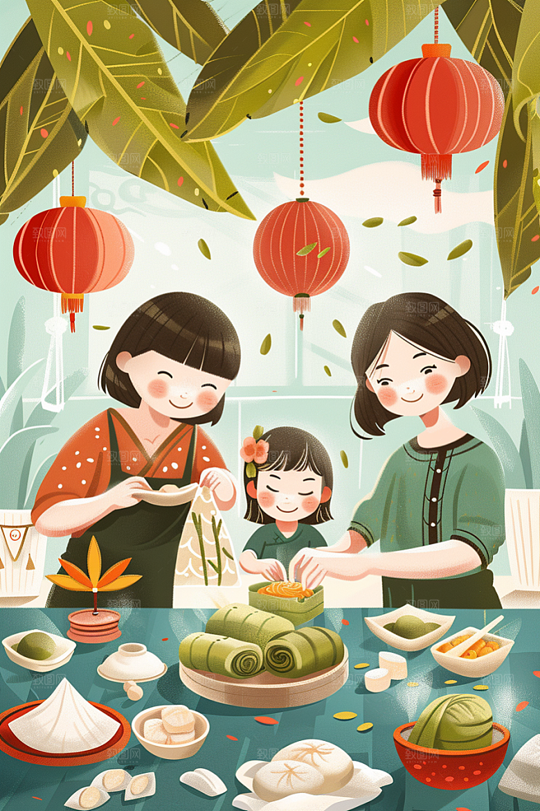 端午包粽子幸福美食插画