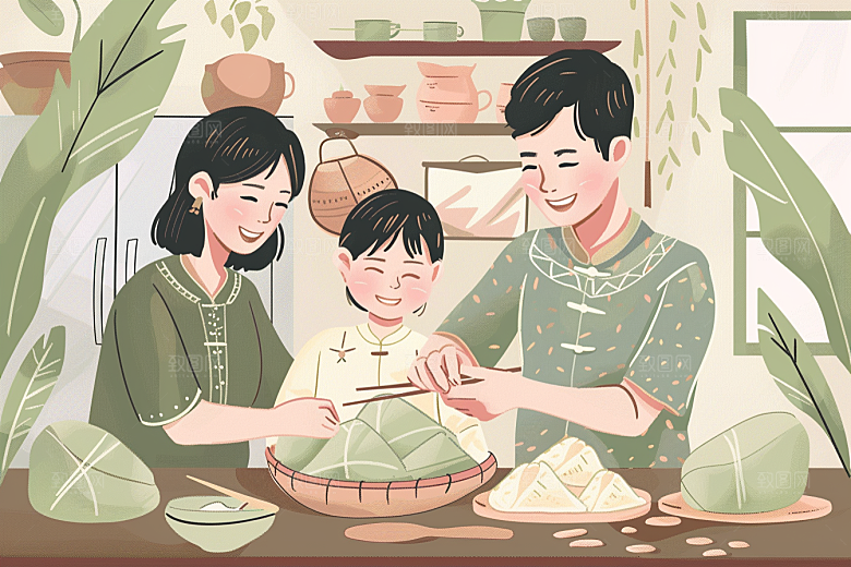 端午包粽子习俗小吃插画