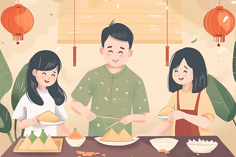 端午包粽子传统文化小吃插画