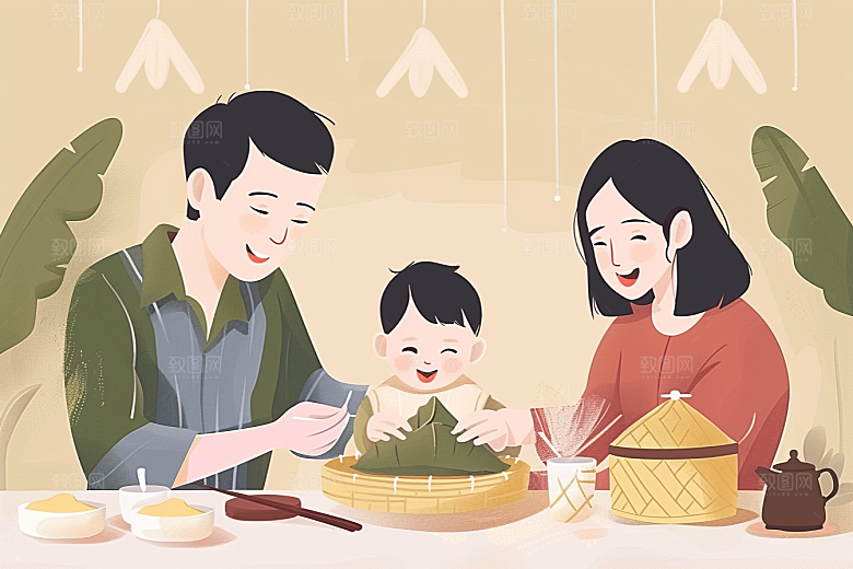 端午包粽子温馨习俗插画