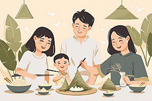 端午包粽子温馨传统文化插画