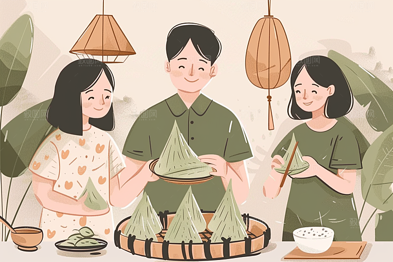端午包粽子阖家团聚美味插画