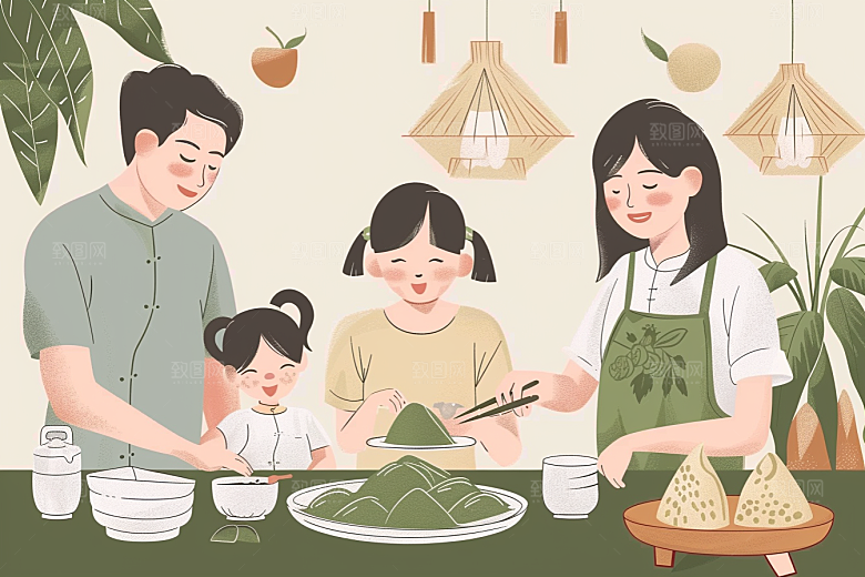 端午包粽子幸福阖家团聚插画