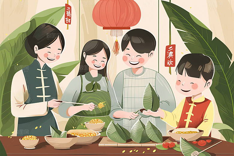 端午包粽子美味小吃插画