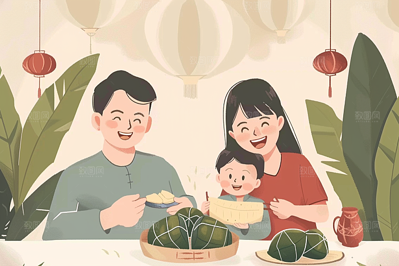 端午包粽子阖家团聚粽叶插画