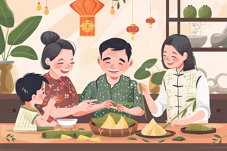 端午包粽子美食手绘插画