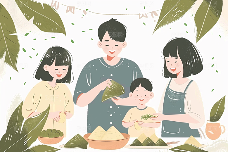 端午包粽子高清阖家团聚插画