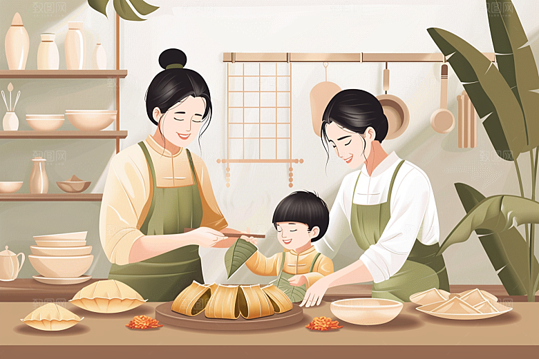 端午包粽子小吃节日插画