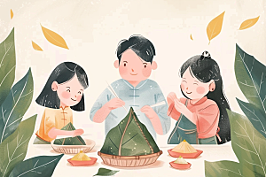 端午包粽子幸福节日插画