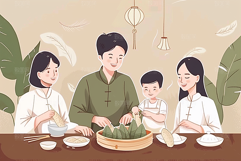 端午包粽子小吃粽叶插画