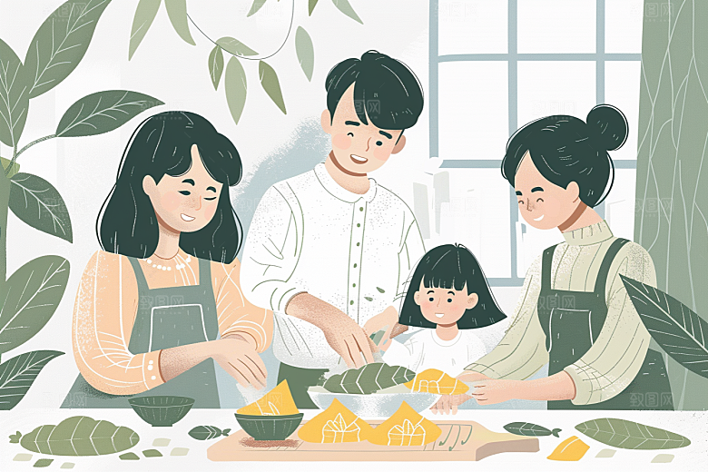 端午包粽子习俗美食插画