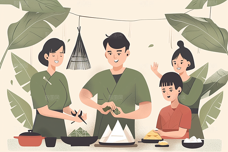 端午包粽子小吃美味插画
