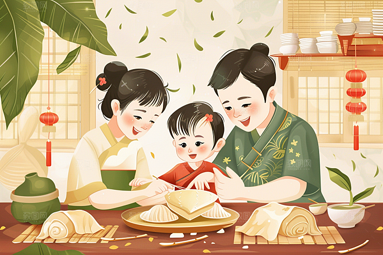 端午包粽子粽叶小吃插画