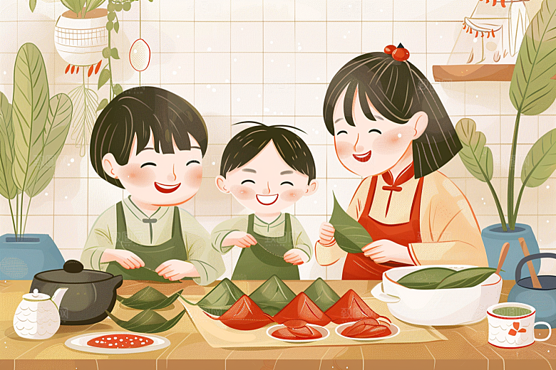 端午包粽子粽叶手绘插画