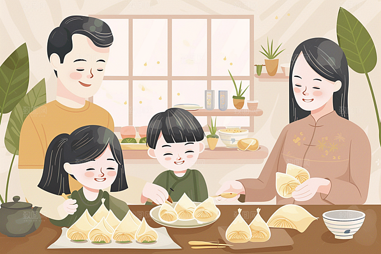 端午包粽子美味粽叶插画