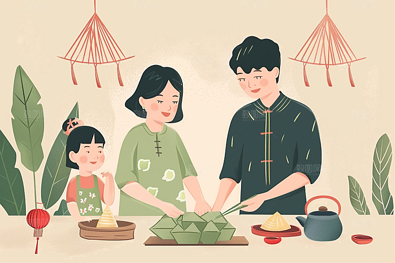 端午包粽子高清幸福插画