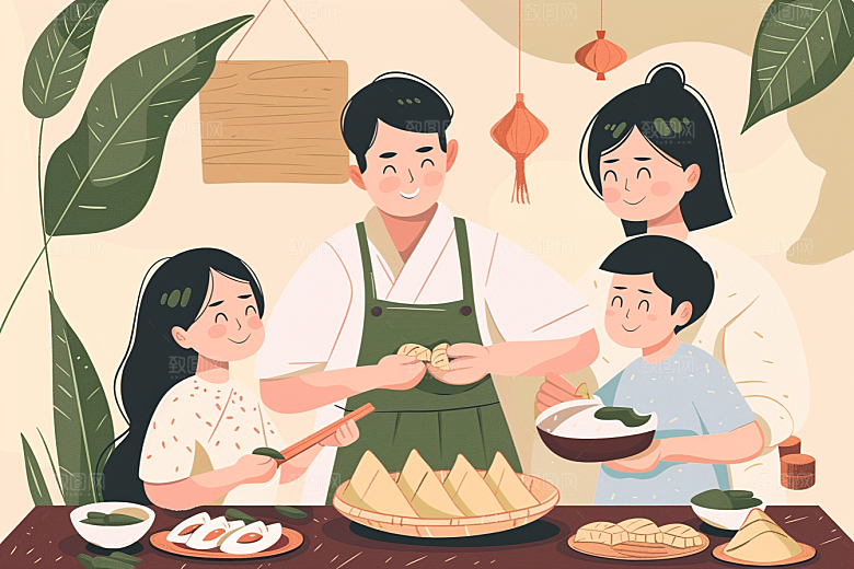 端午包粽子糯米节日插画