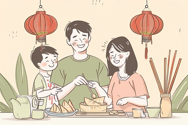 端午包粽子节日氛围手绘插画