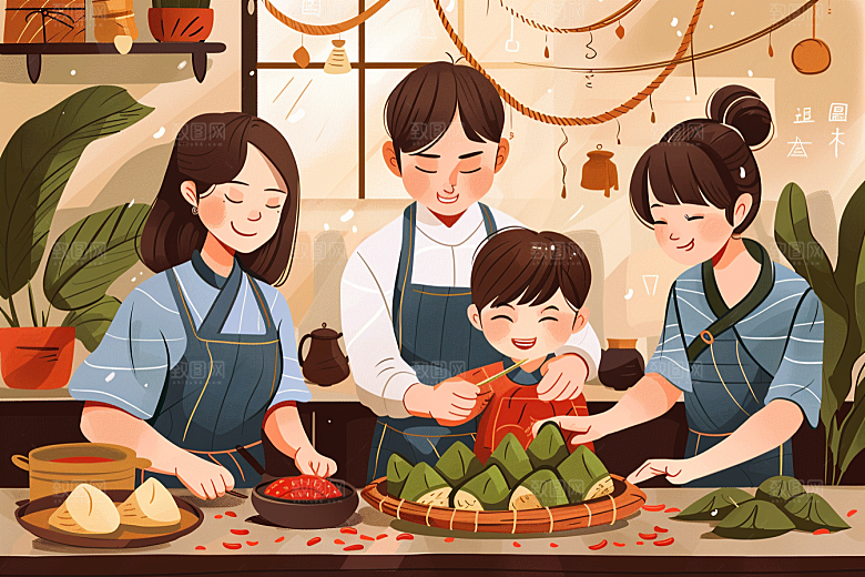 端午包粽子幸福小吃插画