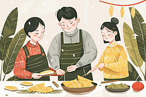端午包粽子美食手绘插画