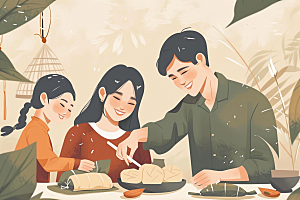 端午包粽子手绘美味插画