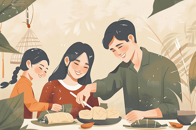 端午包粽子手绘美味插画