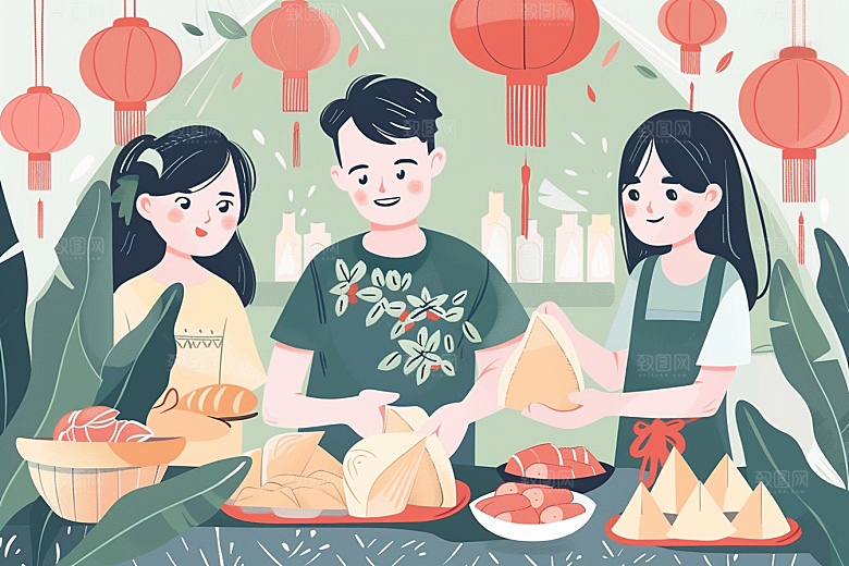 端午包粽子美味高清插画