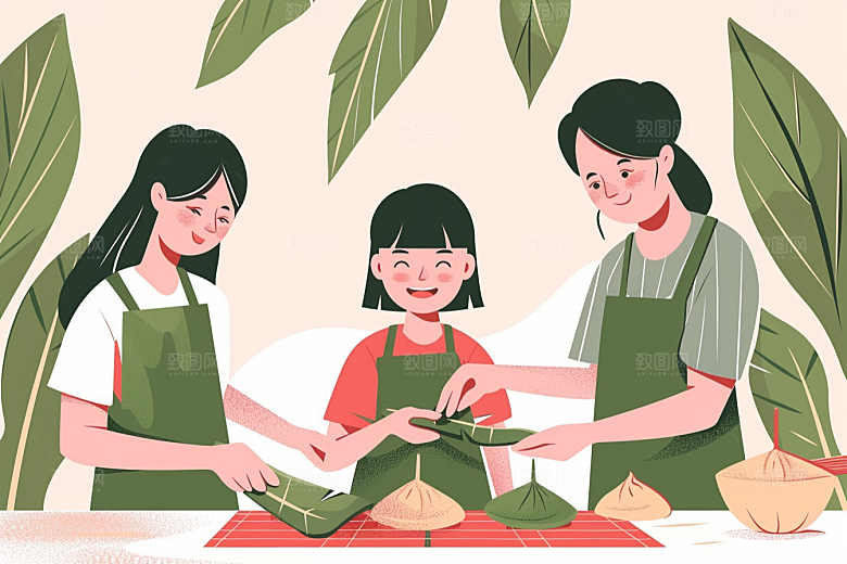 端午包粽子习俗传统文化插画