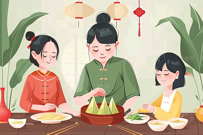 端午包粽子美味粽叶插画