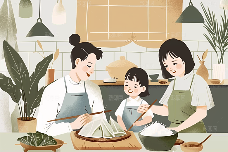 端午包粽子美味端午节插画
