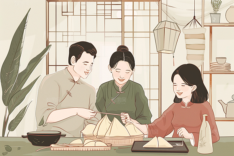 端午包粽子阖家团聚美味插画